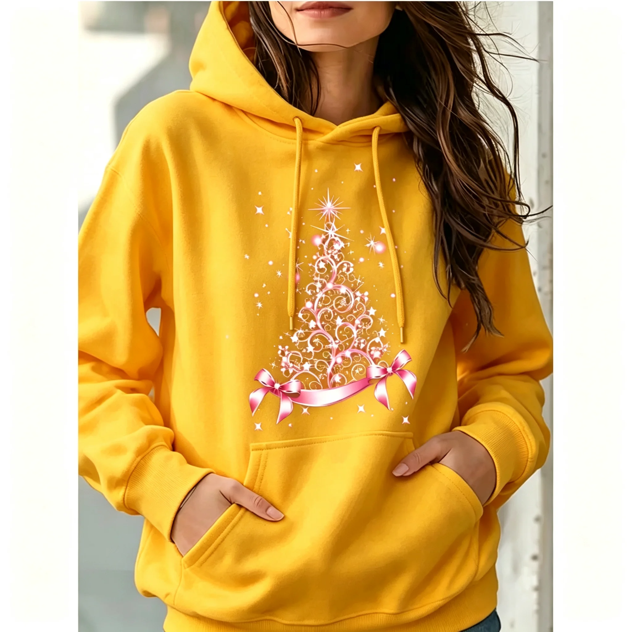 Women's Black Christmas Tree Print Pocket Hoodies with Sparkling Stars and Ribbon Bow 90s Casual Sweatshirts Hoody Y2k Clothes