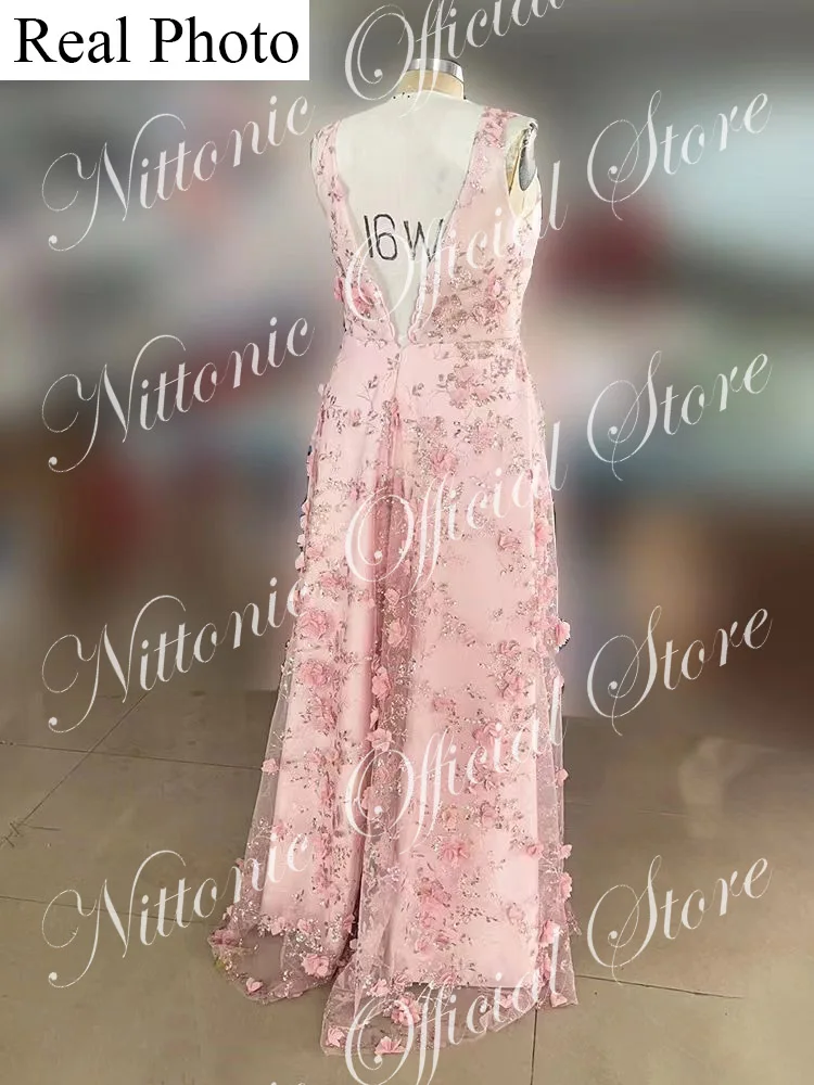 Prom Dresses For Woman Pink Lace Appliques Sleeveless Floor-Length Sweep Train Formal Occasion Party Evening Gown Elegant Hot