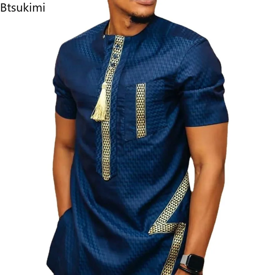 African Dashiki T-shirt for Men Summer Round Neck Short-sleeved Fashion Patchwork Print Shirt Ethnic Style Casual Man Tops M-4XL