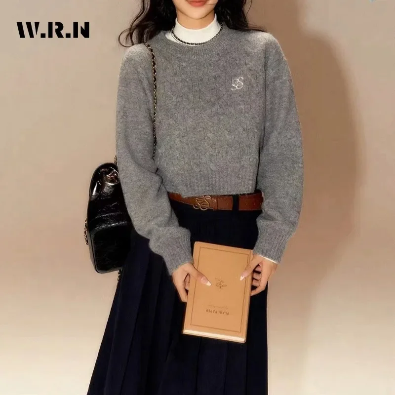 2025 inverno elegante dolce girocollo lavorato a maglia manica lunga blu pullover donna nozioni di base chic signore maglione slim fit top corto