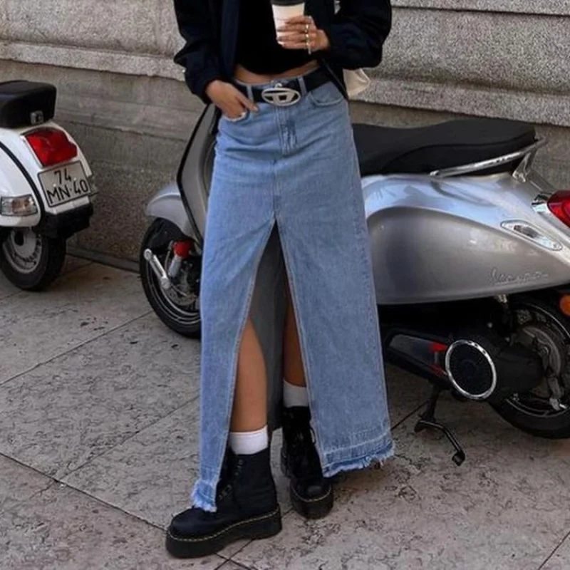 Damen Herbst neue Retro lange Jeans rock hohe Taille abnehmen geteilten Hüftrock skirtwlj