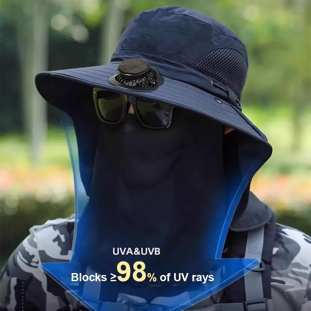 Cappello da sole a tesa larga cappello da pesca all'aperto con ventola solare e maschera per il viso ricarica USB cappello di protezione UV impermeabile per l'escursionismo pesca