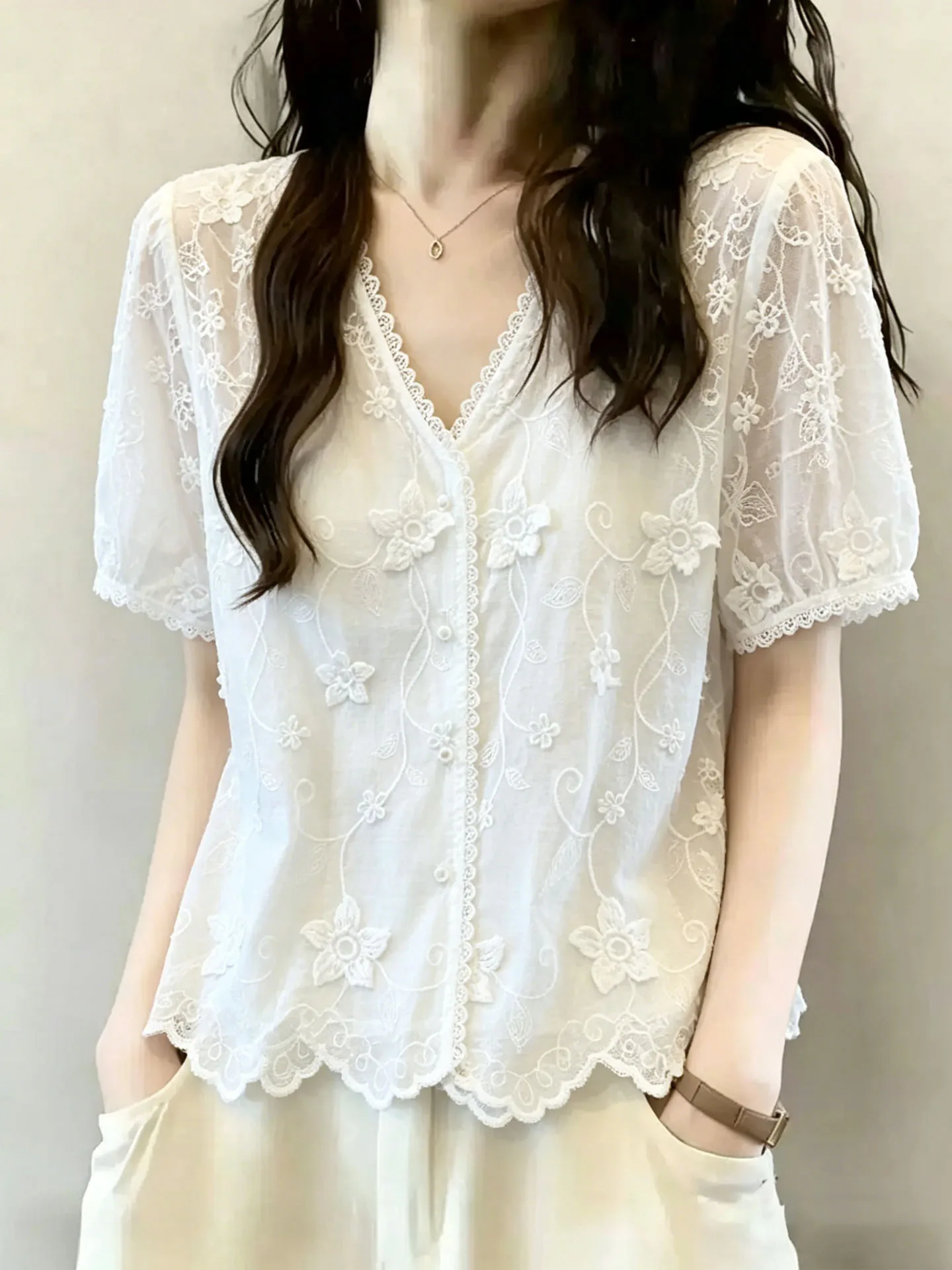 

Elegant V-Neck Short Sleeve Embroidered Lace Shirt Women's Summer Court Style Shirt Unique Beautiful Korean Version Straight Cut