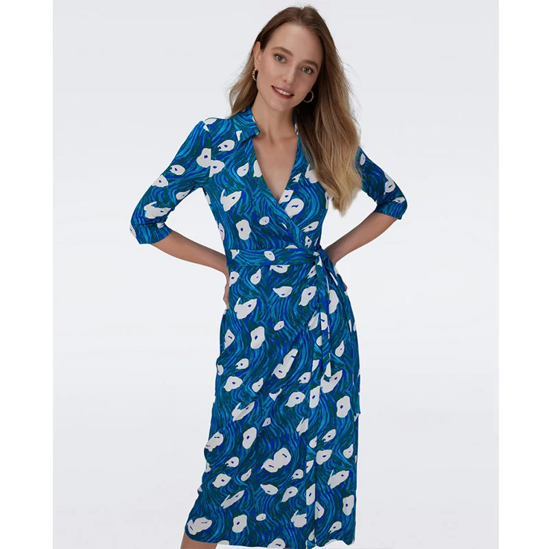 

Ele Ocean Wave Collar Wrap Dr Midi Length Seven Sve Belted Starry Blue Faionable Spring Season Polyester Fabric