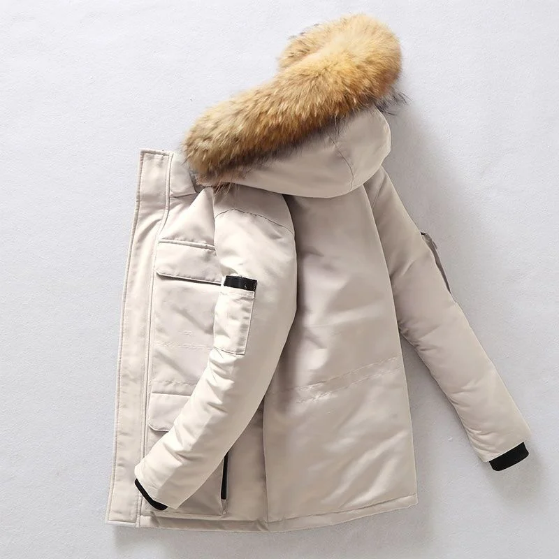 New Down Jacket Men\'s Winter Minimalist Solid Color Fur Collar Hooded Warm Parka Casual Comfortable White Duck Down Coat Male