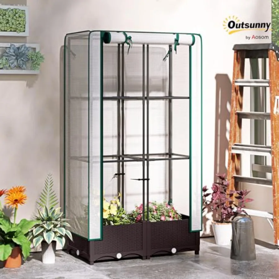 Plastic Raised Garden Bed with Trellis Outdoor Planter Box with PE Greenhouse Cover Drainage Holes and Zipper Door for Climbing