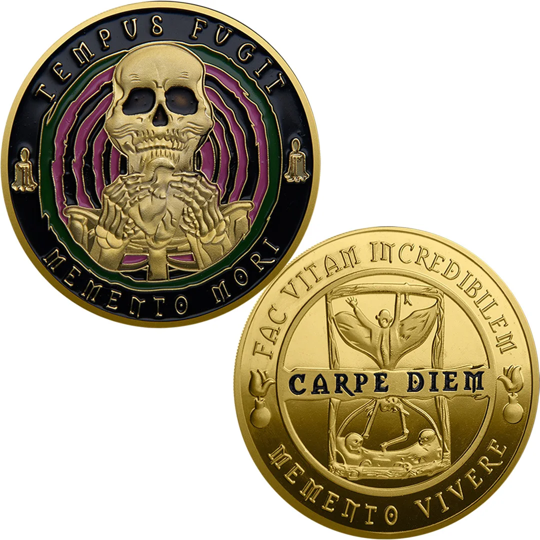 عملة تذكارية على شكل جمجمة موري مطلية بالذهب تذكارية تذكارية من Memento Vivere Carpe Diem