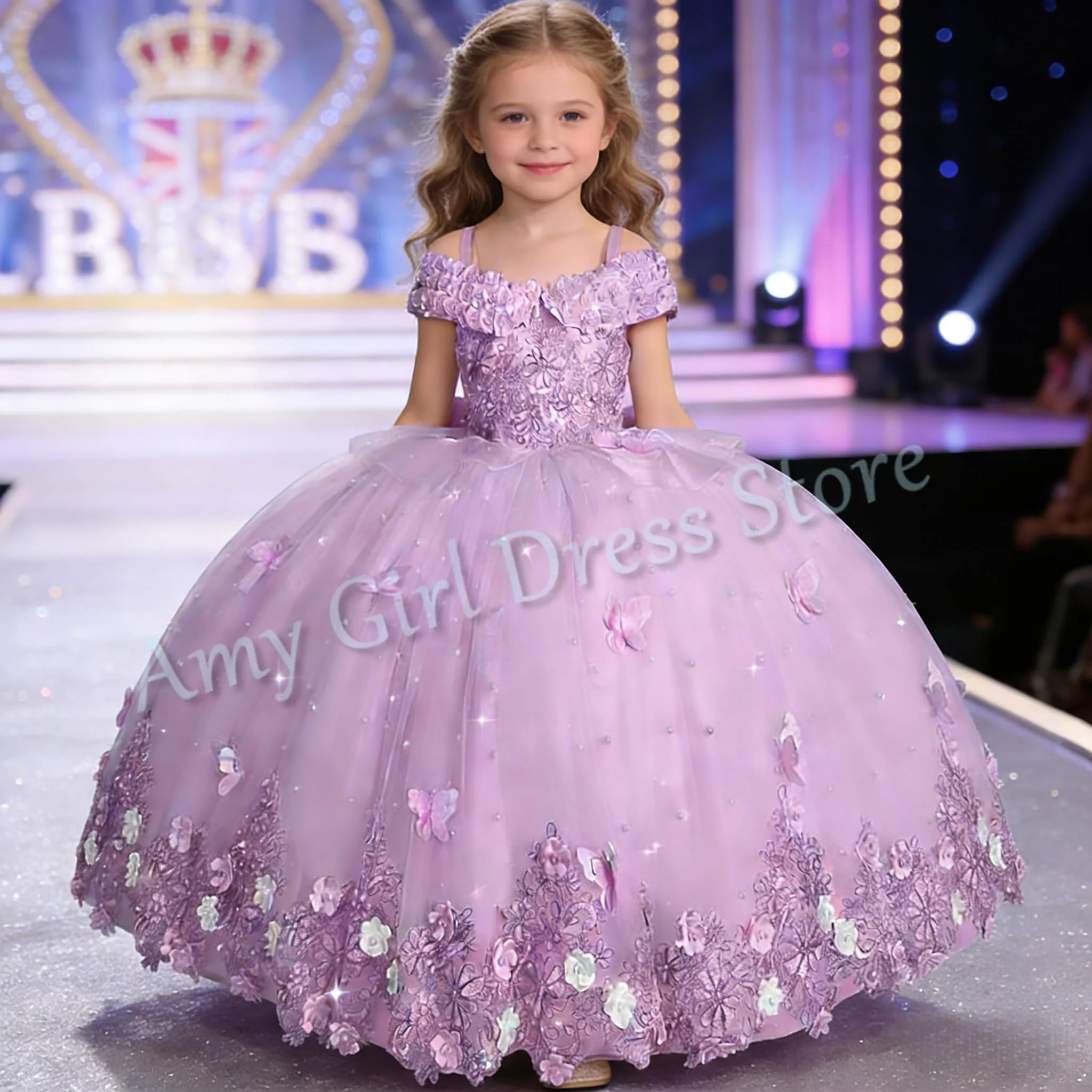 

Customized Gorgeous Flower Girl Dress For Wedding Pearls Flowers Appliques Floor Length Tulle With Bow Princess Birthday Gown