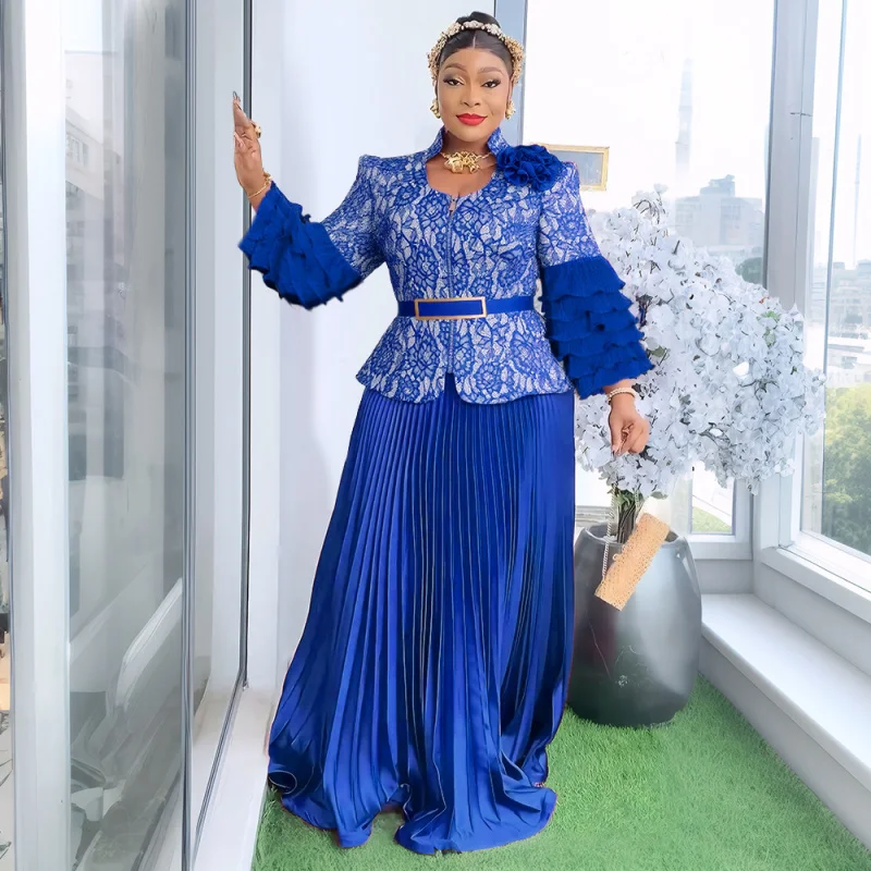 Afrikanische Damenbekleidung, plissiertes Spitzendruckkleid, Party, langes Kleid, Hochzeitskleid, zweiteiliges Set