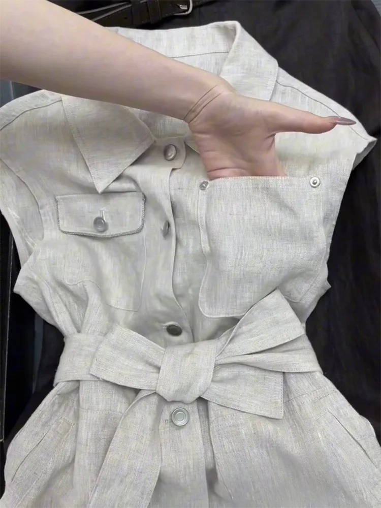 Zomer Vrouwtjes Casual Kraag Vesten Single Breasted Mode Riem Mouwloos Zakwerk Dame Dagelijks Dunne Tops 2023 Nieuw
