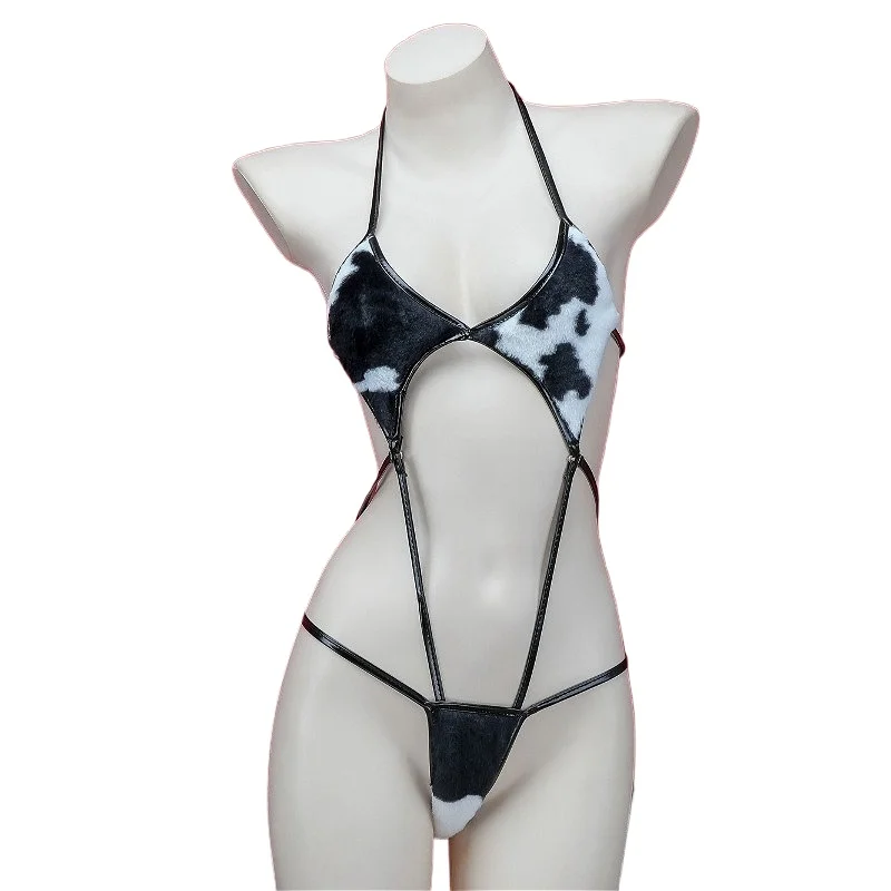 

Women's Plush Bodysuits Cow Sexy Lingerie Nightwear Patent Leather Strap Adjustable Uniform Temptation Female Exotic Body Suit