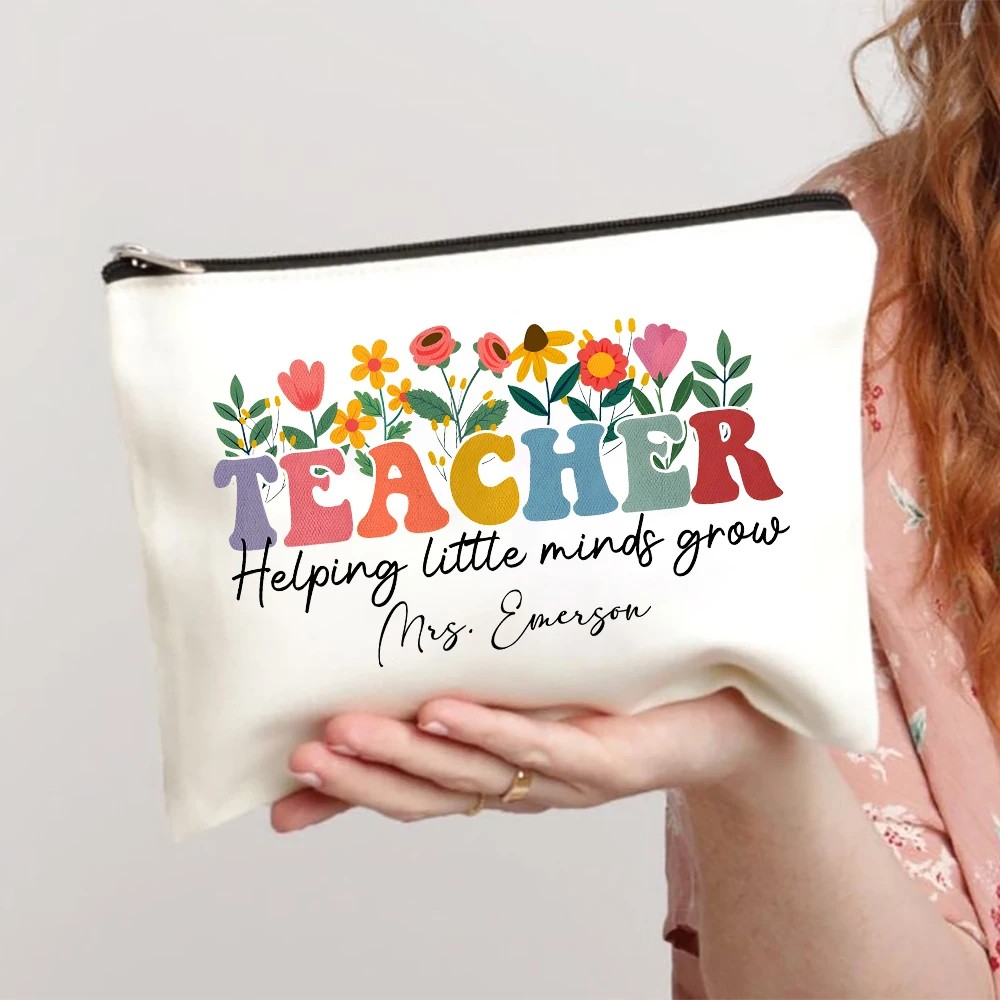 Thank You for Helping Me Grow Custom Name Makeup Bag Personalised Pencil Bags Travel Toiletries Storage Pouch Gifts for Teacher