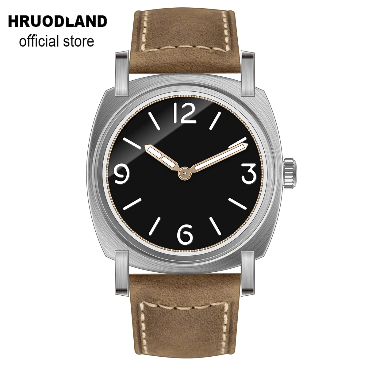 

Hruodland Ronda 502 Stainless Steel Quartz Mens Watches BGW-Blue Luminous Genuine Brown Leather Strap Wristwatches for Men Male