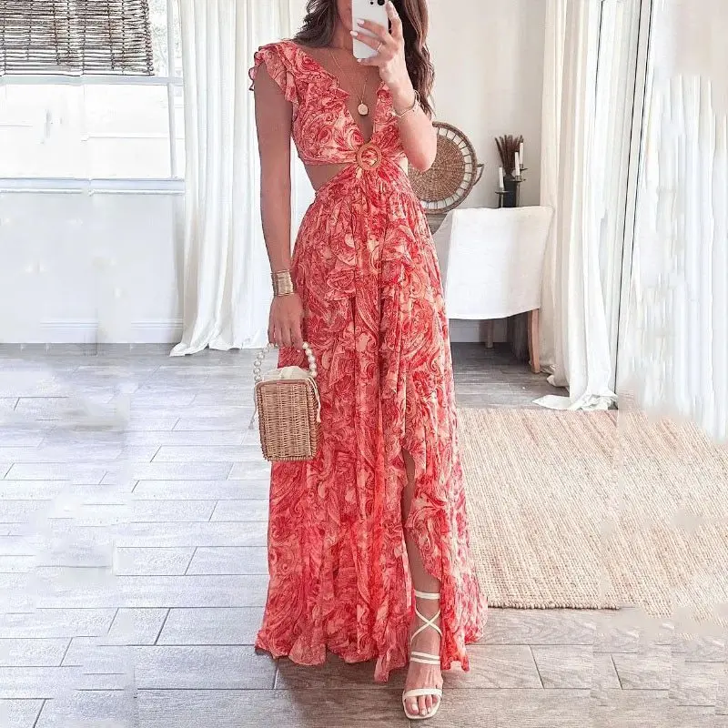 Sexy V Neck Floral Print Split Dress Dresses Spring Summer Fashion Women Bodycon Midi Evening Dress