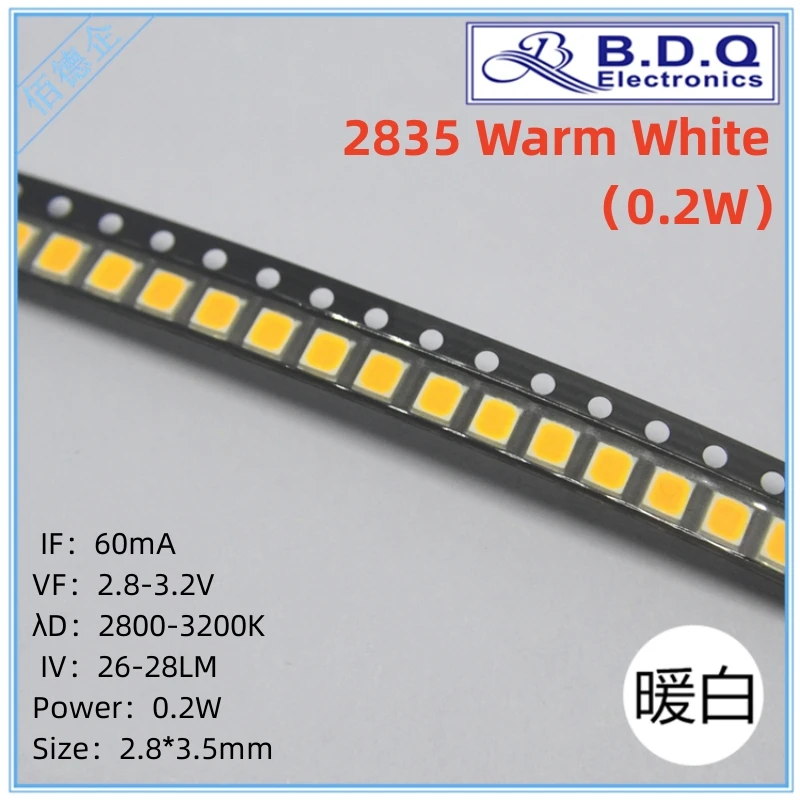 

100Pcs SMD LED 2835 0.2W Warm white 2800-3200K LED Lamp Beads Size 2835 Light-emitting Diode High Bright Quality