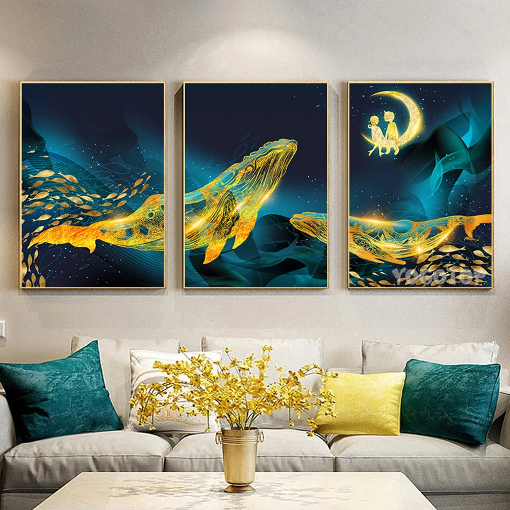 Gold Whale and Sea Art  3Pcs/Set DIY diamond Painting 5D Full Diamond Mosaic Embroidery Triptych Home Decor ML1667