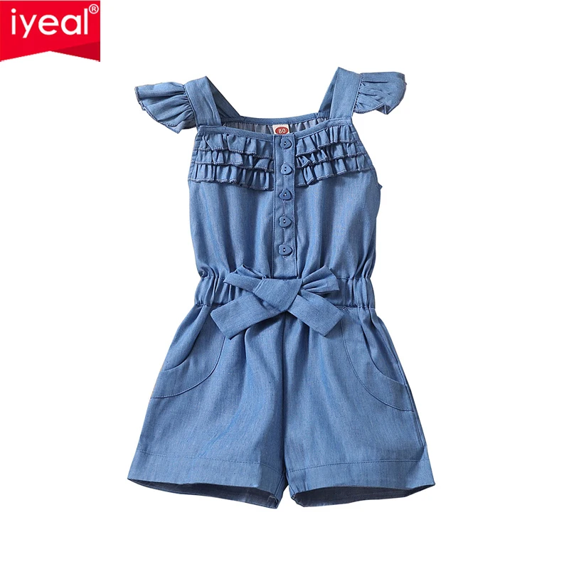 

IYEAL Summer Girl Single Breasted Flying Sleeve Denim Romper Jumpsuit Playsuit Toddler Children Clothes Baby Climbing Suit