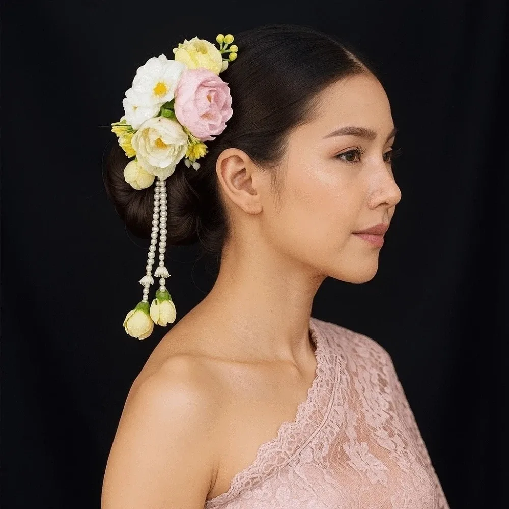 Handmade Sweet Flowers Hairpin with Tassels Thai Style Floral Headwear Tulip Hair Comb Cloth Plastic Chignon Hair Clips Women