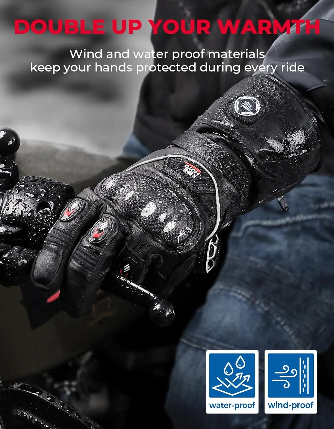 KEMIMOTO 가죽 가열 오토바이 장갑 겨울 방수 터치 스크린 모토 스키 캠핑 가열 장갑 배터리 오토바이