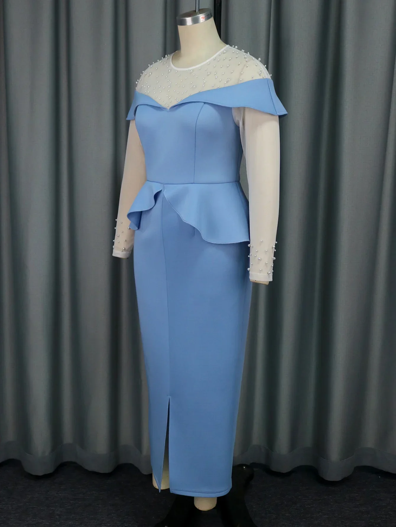 AOMEI Elegant Women\'s Party Dress Slim Fit Long Sleeved Mesh Patch Bead Elegant Occasion Wedding Banquet Robe
