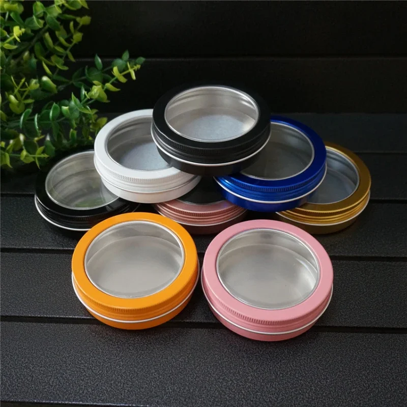 100g ML Gold Empty Round Aluminum Tin Cans Bottle with Window Lids,Pink Skylight Aluminum Box Black Cream Box Tea Aluminum Jar