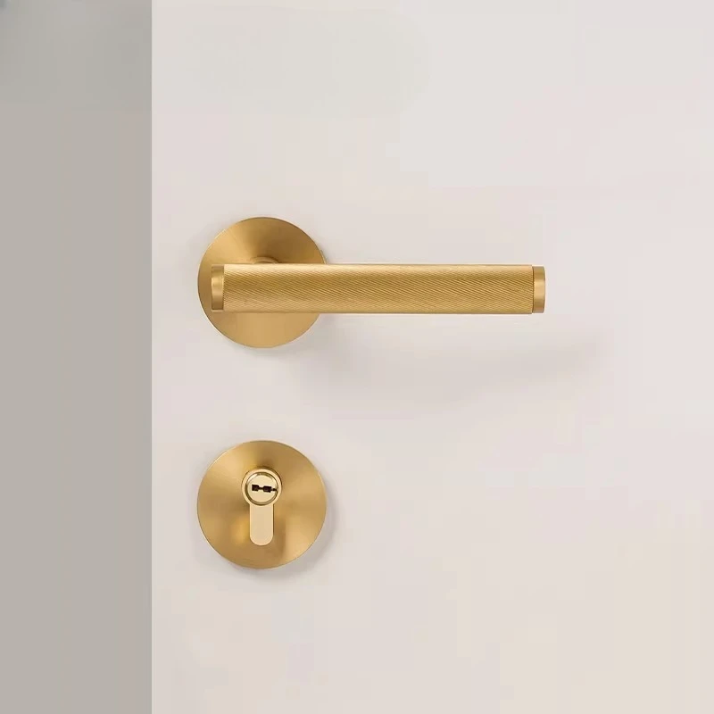 Premium American Style Brass Door Lock with Gold Diagonal Pattern, Silent Magnetic Latch for Bedroom,Mid Century Interior Handle