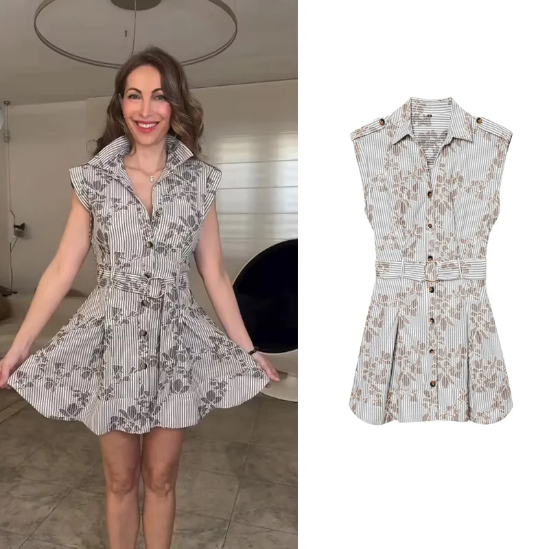 PRINTKAOIR Damen-Kleid mit Stickerei, gestreift, kurzes Kleid, ärmellos, Knopf vorne, mit Gürtel, Hemdkleider, Büro, lässig, Sommer, Vestidos
