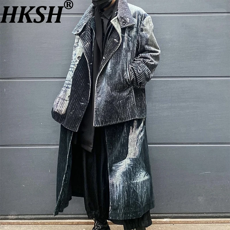 

HKSH Autumn Winter Men Tide Punk Original Yamamoto Dark Striped Windbreaker Corduroy Trench Fashion Chic Techwear Jacket HK15457