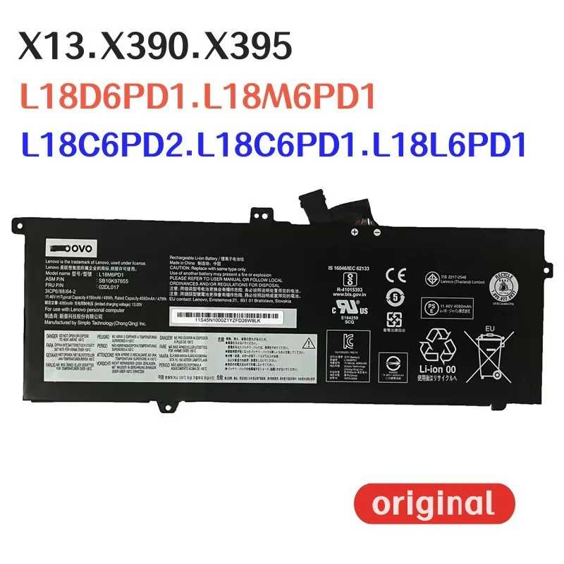 100% original 4190mAh For Lenovo Thinkpad X13 X390 X395 L18M6PD1 L18C6PD2 L18C6PD1 L18L6PD1 L18D6PD1 laptop battery