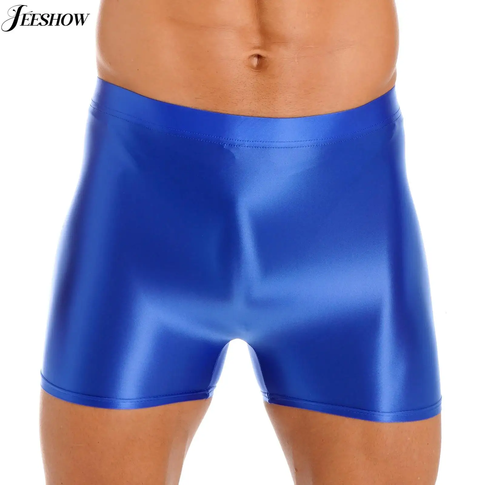 

Mens Oil Shiny Silky Boxer Shorts Stretchy Mid Waist Compression Shorts Solid Smooth Athletic Short Leggings Swimming Trunks