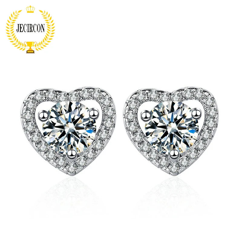 

JECIRCON Fine Jewelry 925 Sterling Silver Heart Earrings for Women Simple Light Luxury Moissanite 4 Claws Ear Studs Wholesale