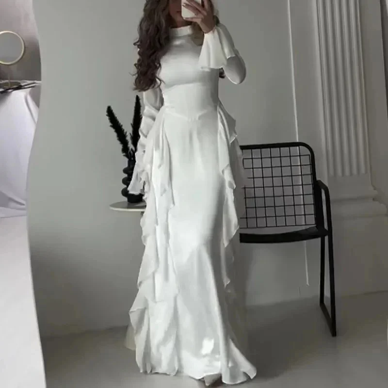 

Autumn New Flared Sleeve Long Dress Women Fashion White O Neck High Collar Lace Up Slim Dresses Lady Elegant Party Dinner Robes