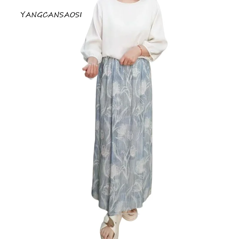 

Women's Casual Summer Clothing 100% Natural Mulberry Silk Crepe De Chine Printed Retro Split Elastic Waist A-line Casual Skirt