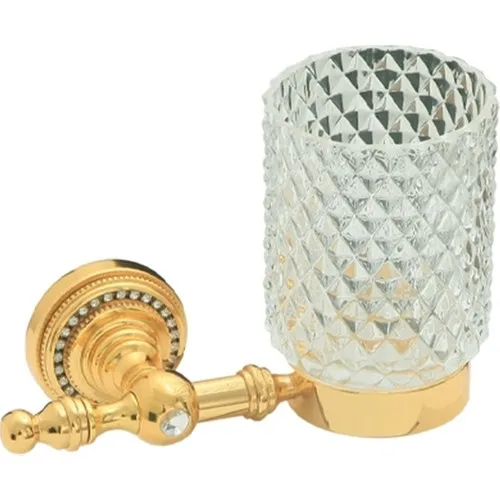 Queen Gold Mounted Brass-Diamond Shaped Glass-Stone Pattern Tooth Brush Holder 9206