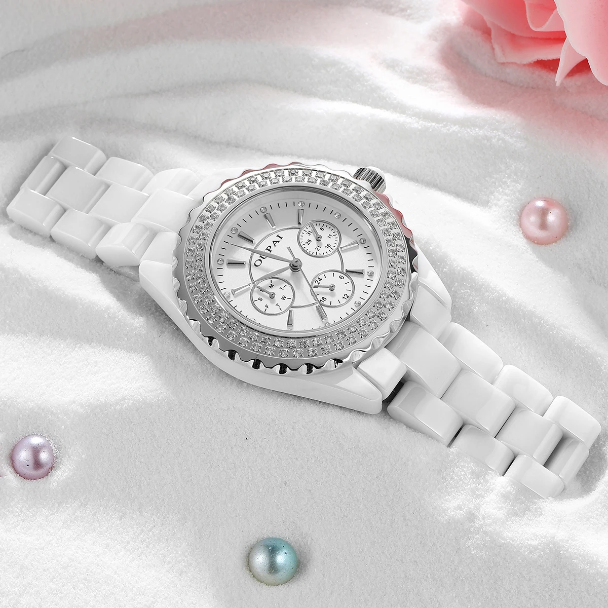 Oupai round dial, white ceramic strap watch, women's rotatable bezel, quartz move, 24 hour, waterproof, women's watch, stylish