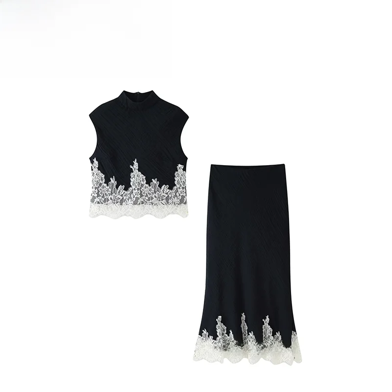 Fashionable Lace Splicing Short Top And Midi Skirt Set Women's Clothing Autumn New Style Versatile Lace Patchwork Ensemble