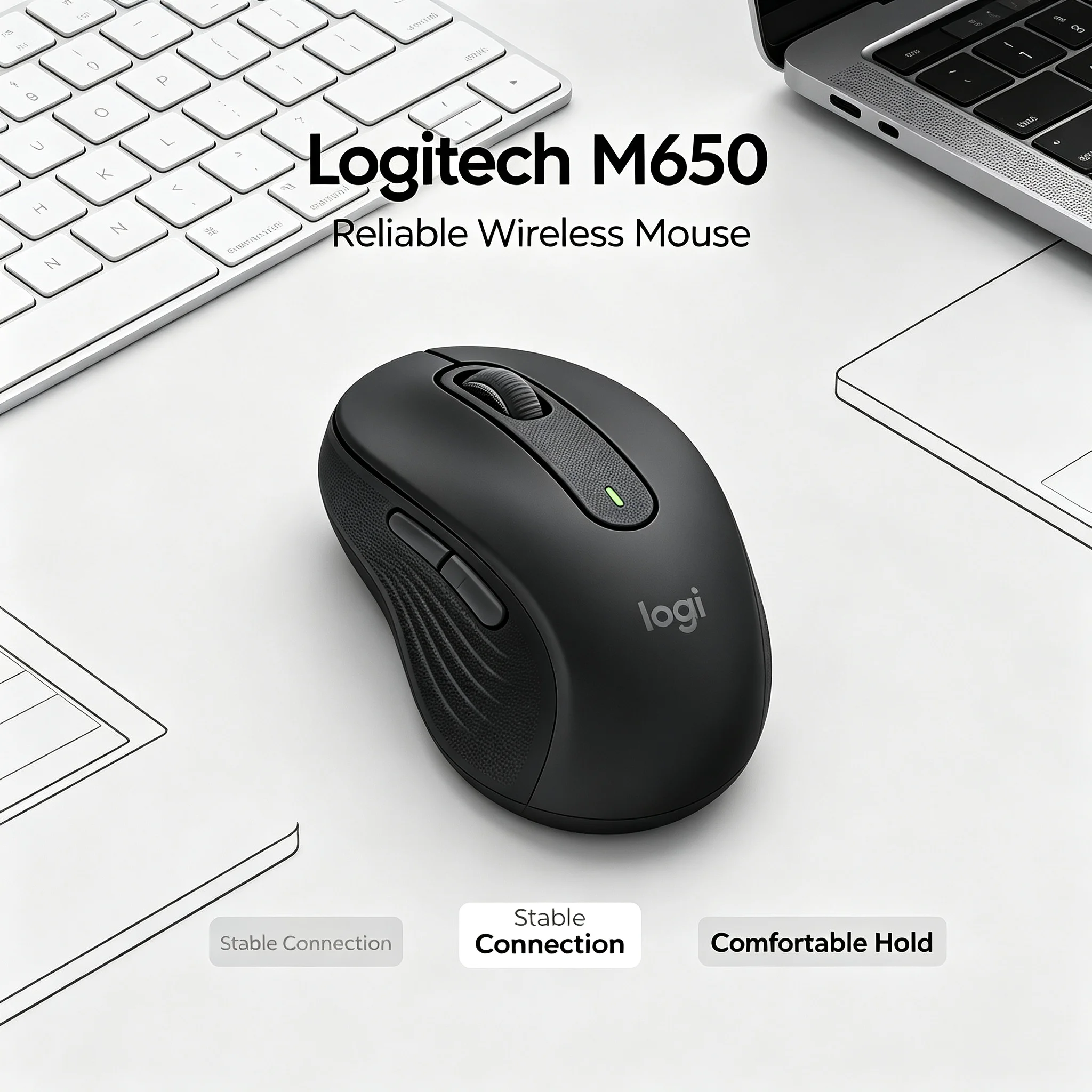 Logitech Signature M650 Ergonomic Wireless Office Mouse SmartWheel Precision Scroll Mode 5 Customizable Buttons SilentTouch Quie