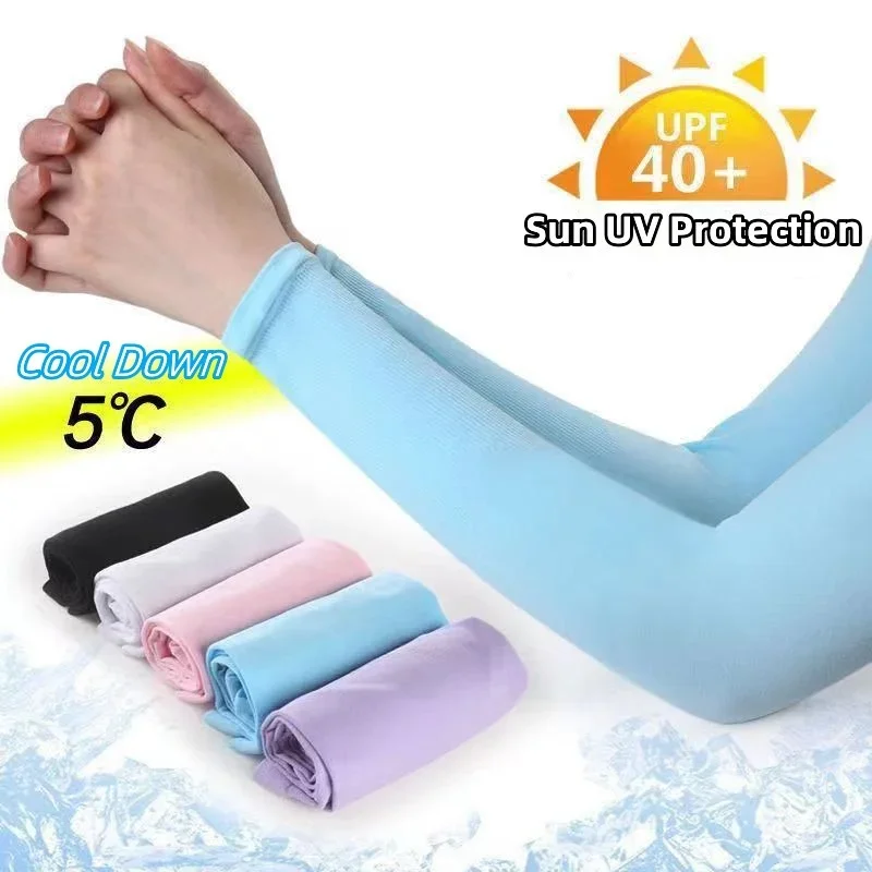1 par de mangas largas de seda de hielo para verano, protección solar UV, cubierta protectora de manos, protector solar para exteriores, conjunto de guantes elásticos de medio dedo