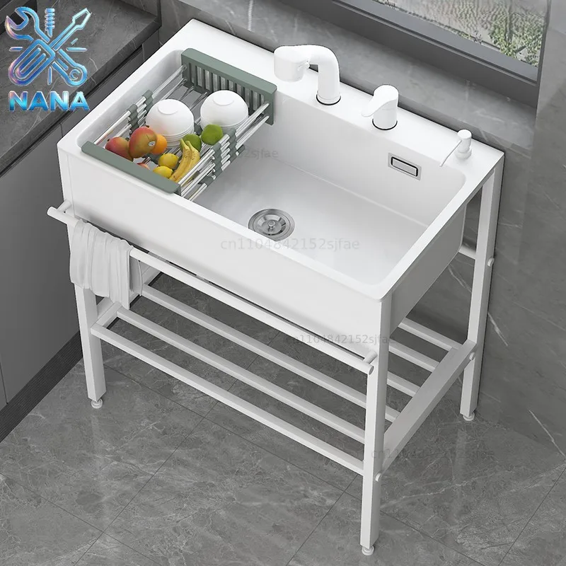 Stainless steel bracket vegetable basin kitchen double hole quartz stone sink integrated laundry basin household washing sink