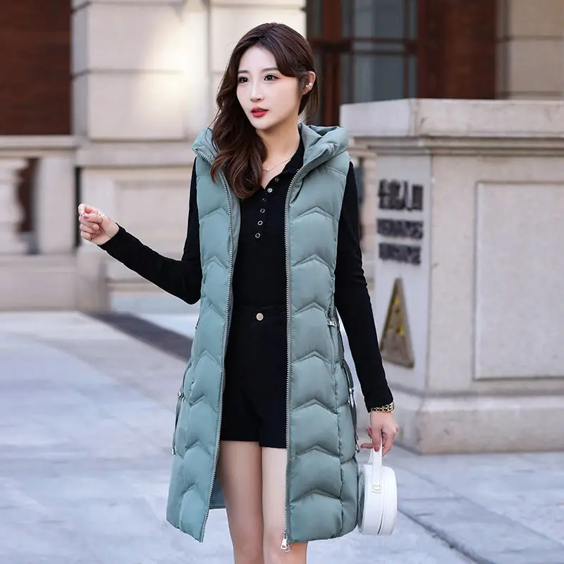 2024 New Winter Hooded Waistcoat Women Long Slim Down Cotton Vests Coat Female Sleeveless Puffer Parkas Black Beige Outerwear