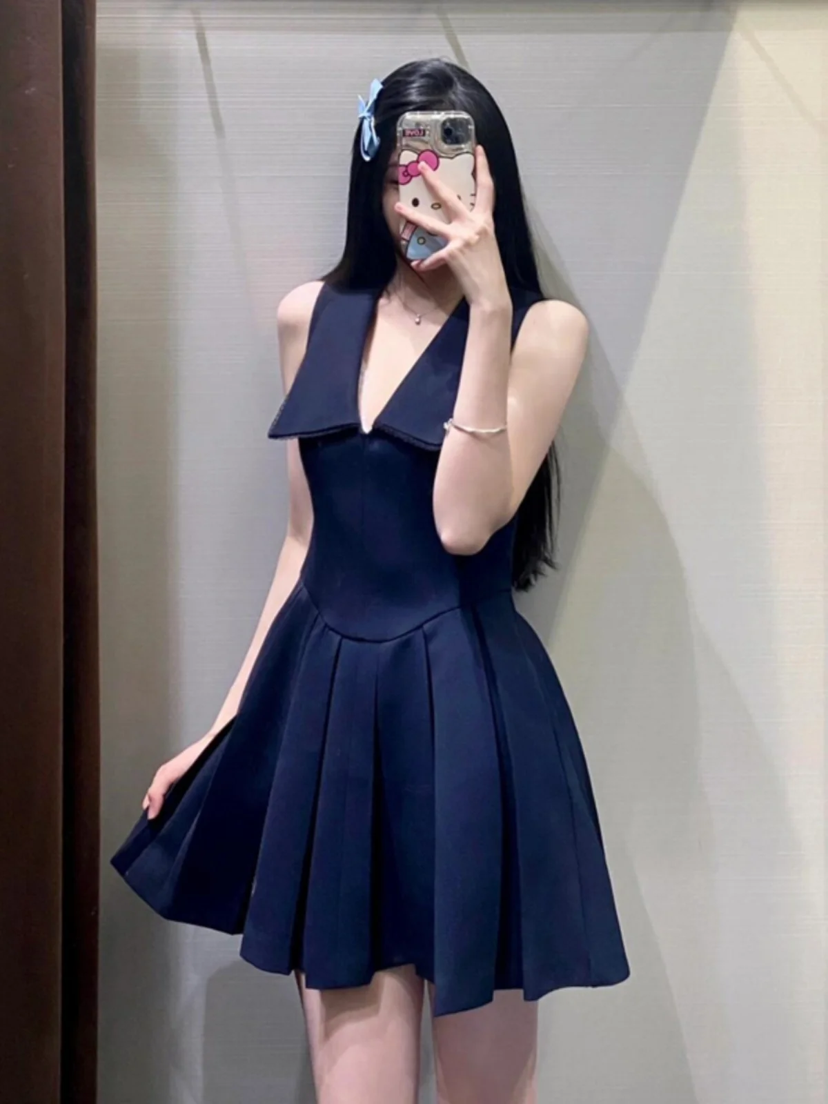 Primavera 2025 novo sle doce boneca colar escola orm ort svel plissado dr cor azul feminino faion primavera dr