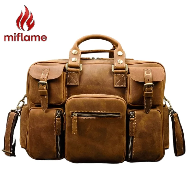 Men's Vintage Leather Messenger Bag Top Grain Cowhide Crossbody Shoulder Top Handle business Casual Office Retro Briefcase