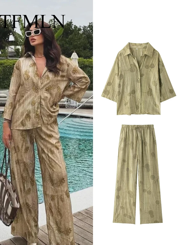 TRAF Women\'s Fashion Loose Jacquard Shirt Pants Sets 2024 High Waist Trousers Set Lapel Half Sleeve Shirt Wide Leg Pants 2Pcs