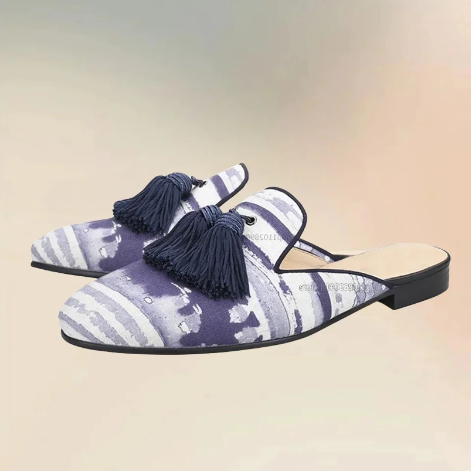 

Tassels Decor Purple and White Canvas Men Slippers Fashionable Novel Slip On Men Shoes Handmade Runway Retro Casual Male Shoes