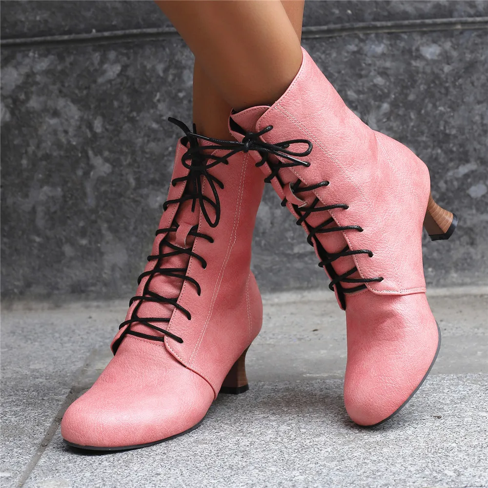 

Retro Style Lace Up Ankle Boots Women High Heel Steampunk Victorian Round Toe Thick Soled Short Boots 2026 Spring Autumn New
