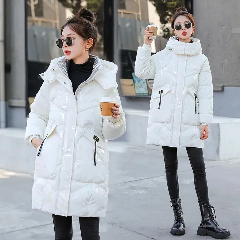 2022 Fashion New Bright Fabric Thick Warm Winter Jackets Women\'s Cotton Padded Coats Mid-Length Women Parkas Female Outerwear