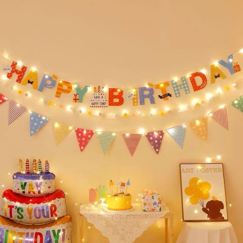 Birthday Banner Set and 1 LED String Lights for Home Decor Hanging Flags Birthday Party Supplies for Kids Adults