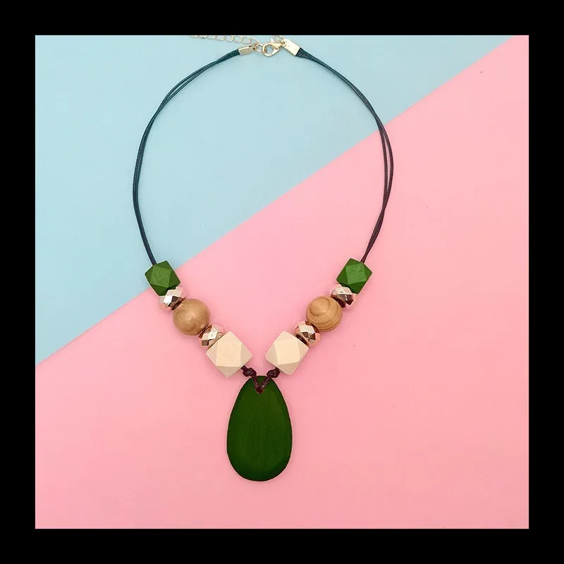 الرجعية العرقية نمط الخشب الطبيعي مطرز قلادة المرأة قطرة الماء الخشبية قلادة الترقوة سلسلة مجوهرات #4