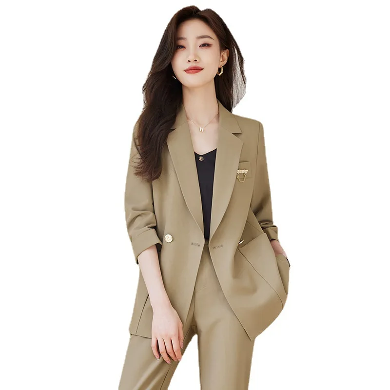 

Khaki Black Beige Bule Single Button Blazer And Pant Suit Formal Women Ladies Three Quarter Business Work Wear Slim 2 Piece Set