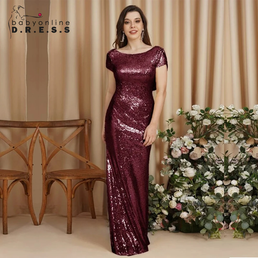 

BABYONLINE Sparkly Sequin Bridesmaid Dress Short Sleeve Floor Length for Women Gown Evening Dresses Backless Wedding Guest Party